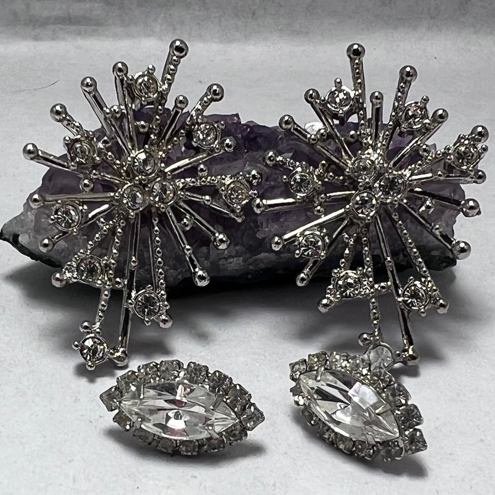 Vtg Avon Silver Tone Rhinestone Starburst Marquise Stud Earring Set 2 Pairs READ